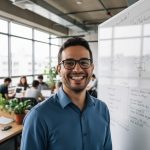 Jovens estudando programação em frente a um computador, sorrindo.