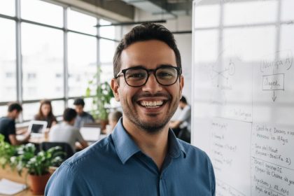 Jovens estudando programação em frente a um computador, sorrindo.