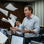 Líder sobrecarregado segurando a cabeça em meio ao caos.