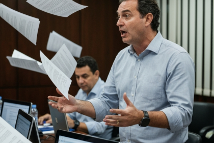 Líder sobrecarregado segurando a cabeça em meio ao caos.