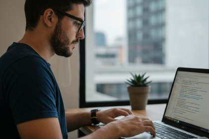 Profissional digital concentrado, trabalhando em um laptop