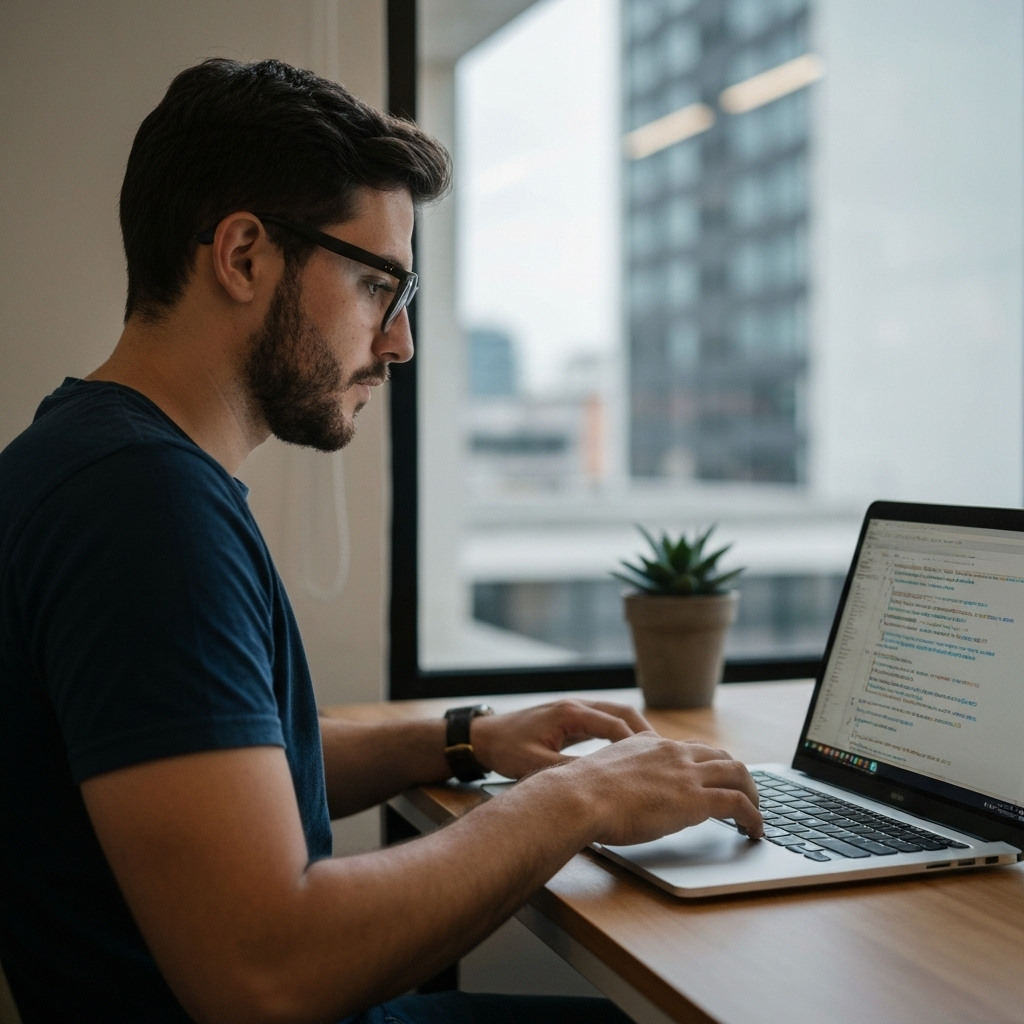 Profissional digital concentrado, trabalhando em um laptop