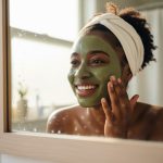 Mulher sorrindo em momento de autocuidado.