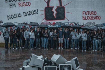 Cadeado digital sobreposto a um livro aberto, representando segurança cibernética na educação.