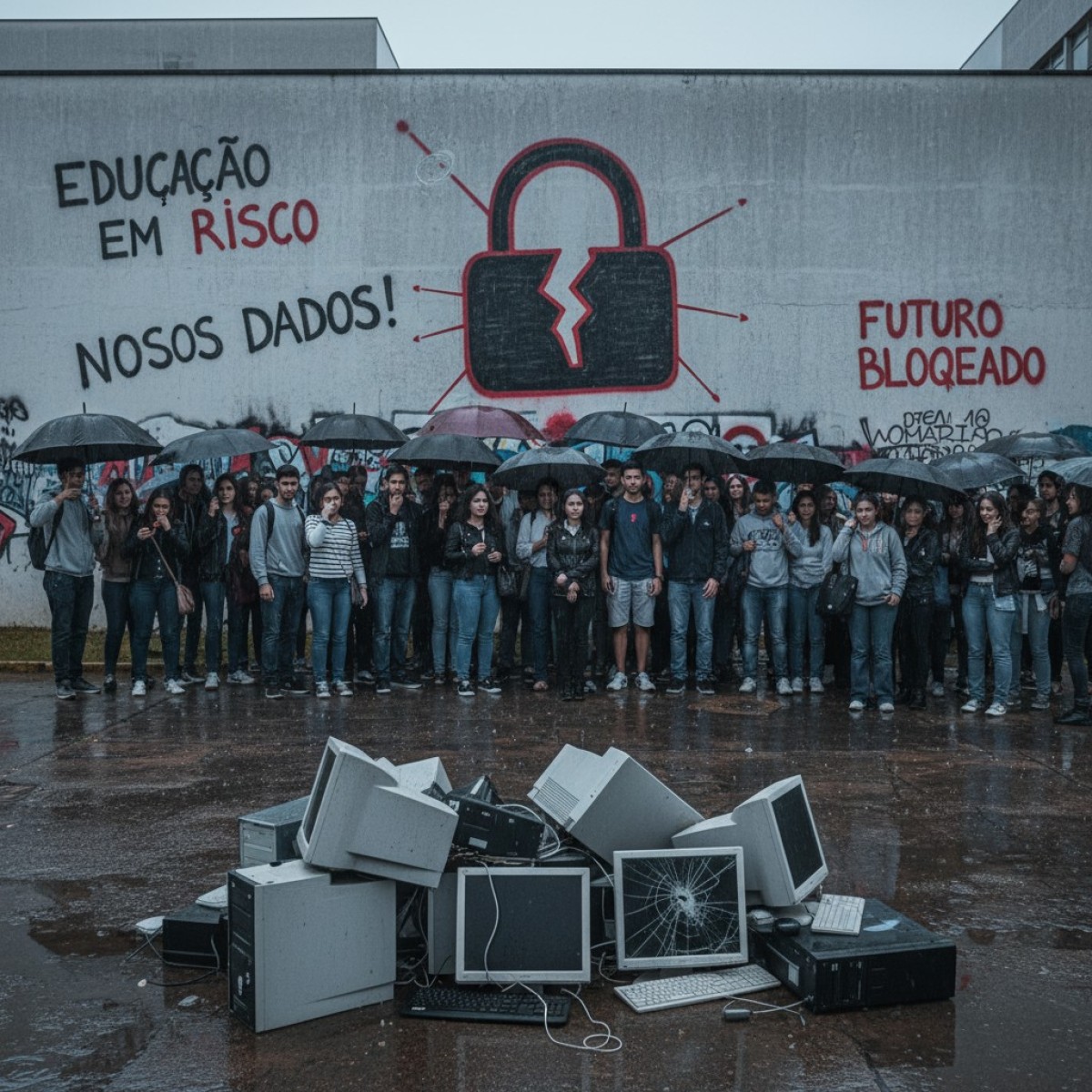Cadeado digital sobreposto a um livro aberto, representando segurança cibernética na educação.