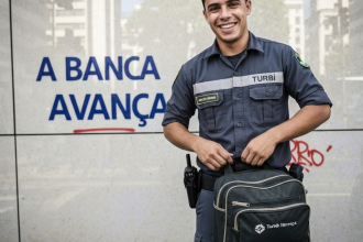 Frota de carros da Turbi com o logo do Itaú ao fundo.