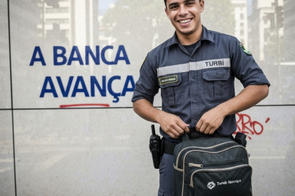 Frota de carros da Turbi com o logo do Itaú ao fundo.