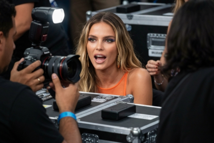 Angel da Victoria's Secret em catwalk, cercada de glamour.