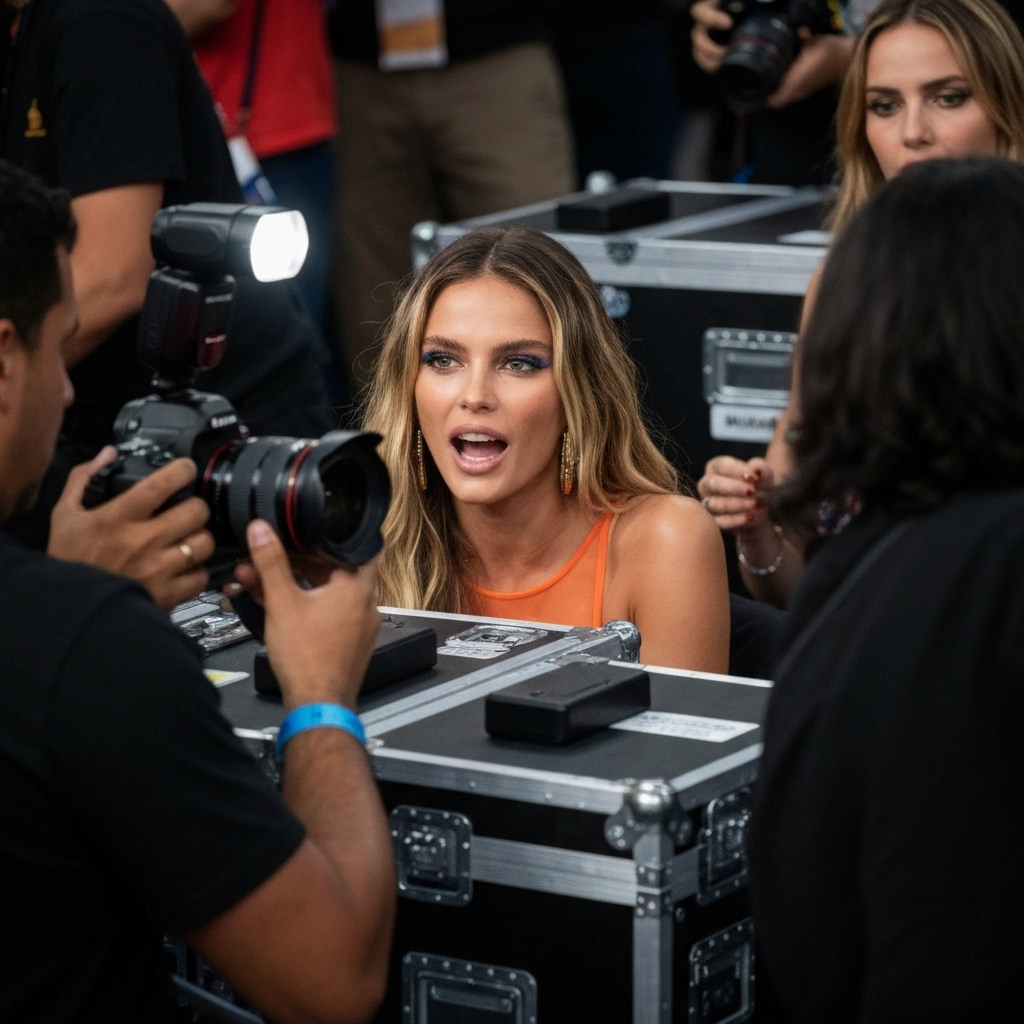Angel da Victoria's Secret em catwalk, cercada de glamour.