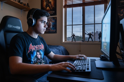 Personagem de RPG imerso em livro antigo, com elementos de videogame ao fundo.