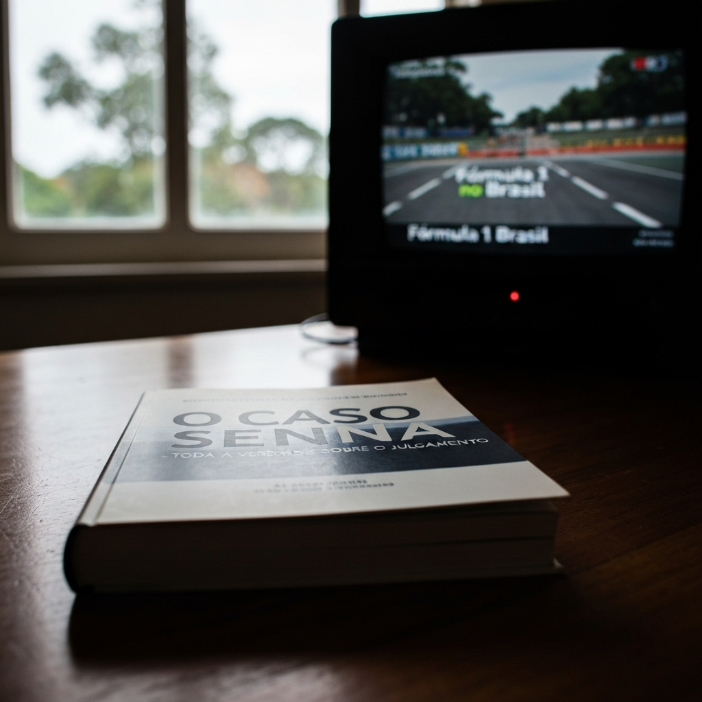 Livro 'O Caso Senna' em destaque, com F1 ao fundo