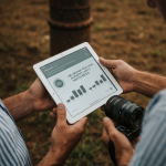 Mãos segurando mudas em campo cultivado, representando o agronegócio sustentável.