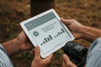 Mãos segurando mudas em campo cultivado, representando o agronegócio sustentável.