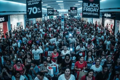 Robô segurando um saco de compras da Black Friday