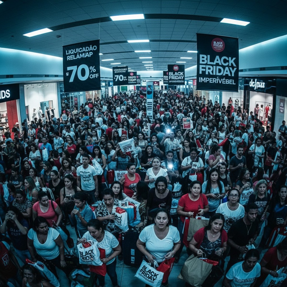 Robô segurando um saco de compras da Black Friday