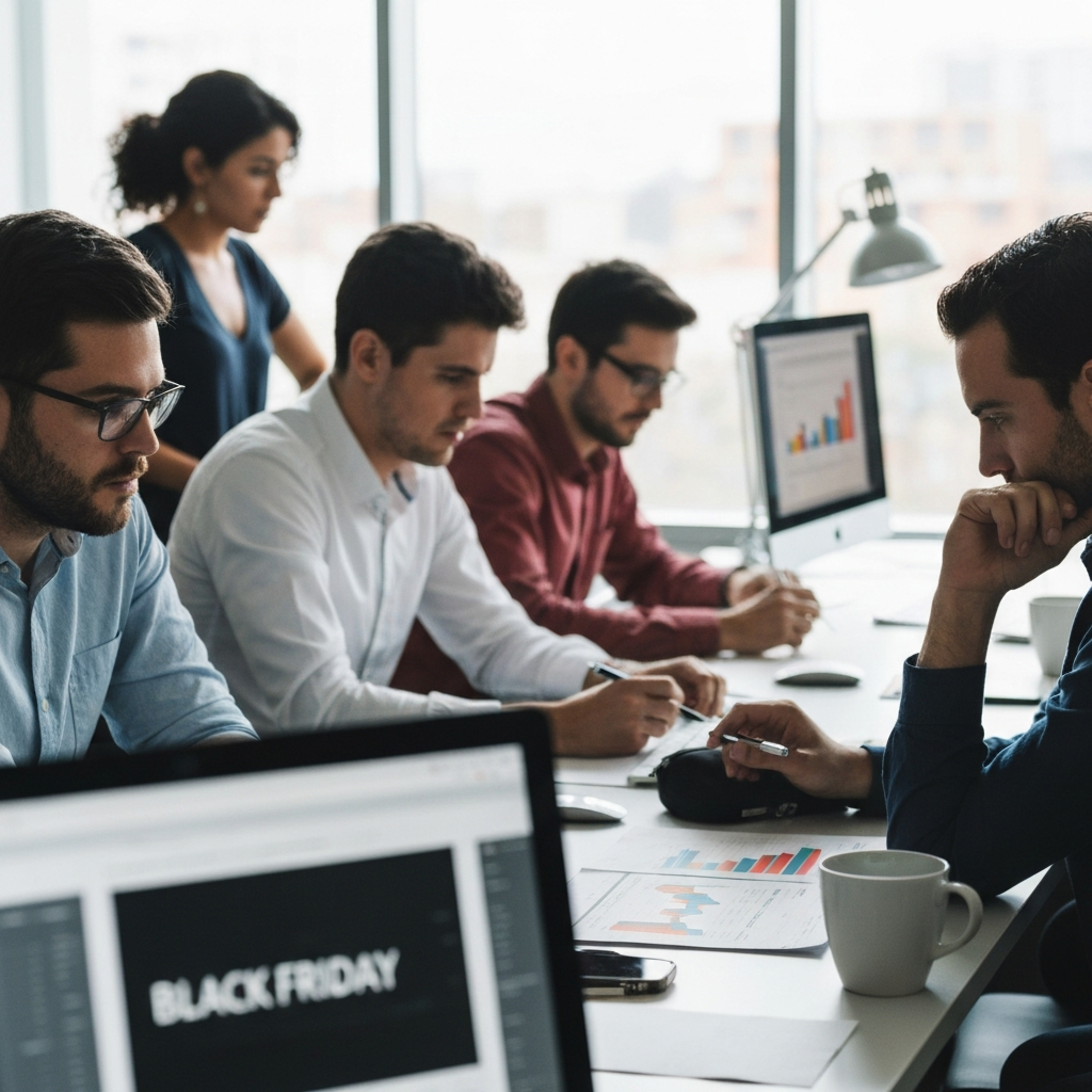 Mulher analisando gráficos de vendas para a Black Friday.