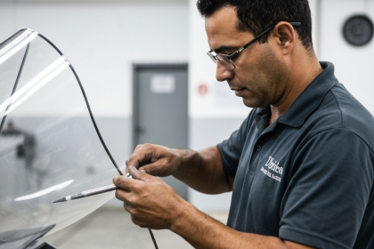 Painel de acrílico com design moderno em ambiente corporativo.