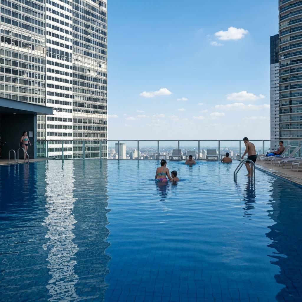 Piscina inteligente com IA no Electra Tower, detectando afogamentos.