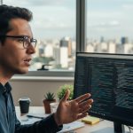 Homem analisando dados de SEO em um computador.