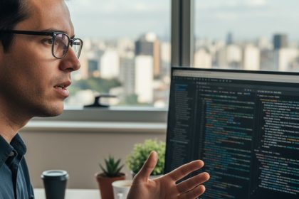 Homem analisando dados de SEO em um computador.