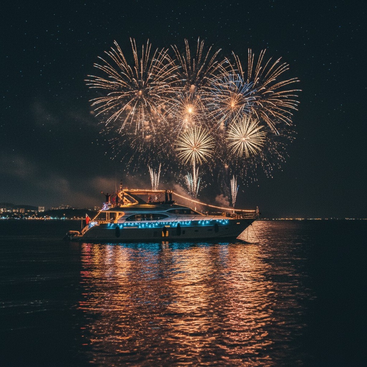 Iate de luxo navegando em mar azul no Réveillon