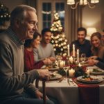 Mulher com Parkinson sorrindo durante celebração de fim de ano.
