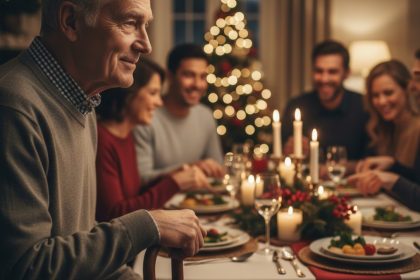 Mulher com Parkinson sorrindo durante celebração de fim de ano.