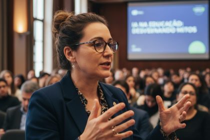 Mulher olhando para um código na tela, reflexiva sobre o impacto da IA no aprendizado.