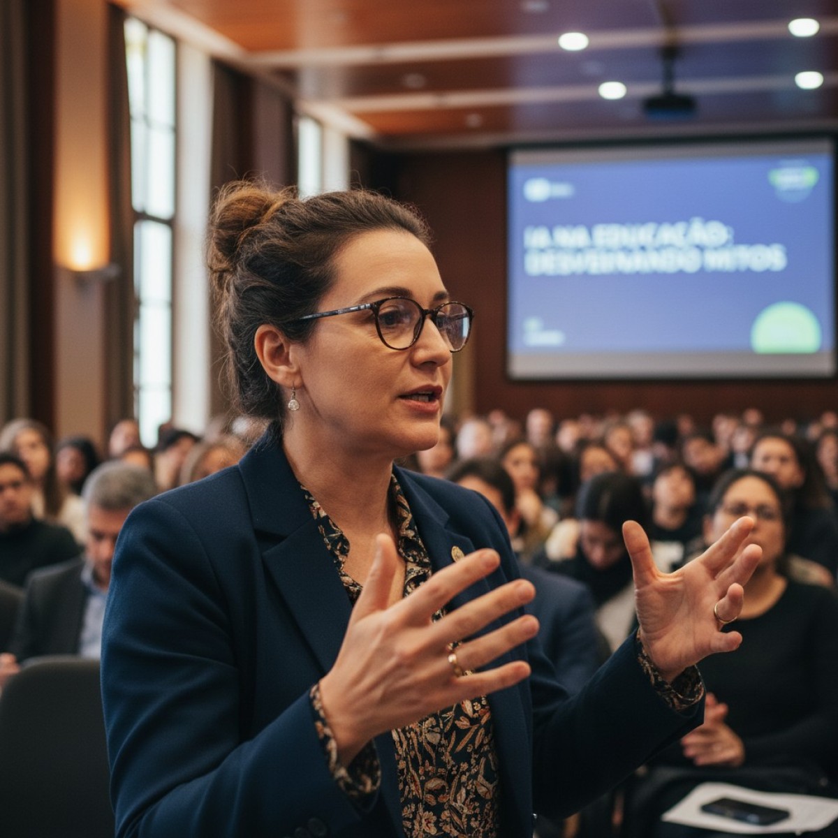 Mulher olhando para um código na tela, reflexiva sobre o impacto da IA no aprendizado.