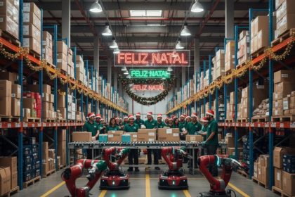 Papai Noel digital analisando dados de vendas em marketplace.