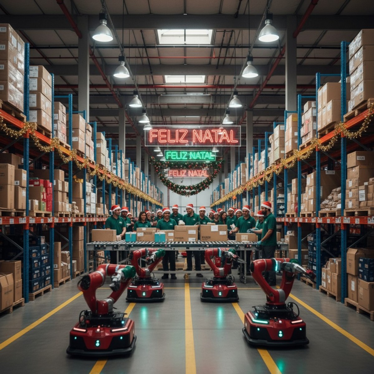 Papai Noel digital analisando dados de vendas em marketplace.