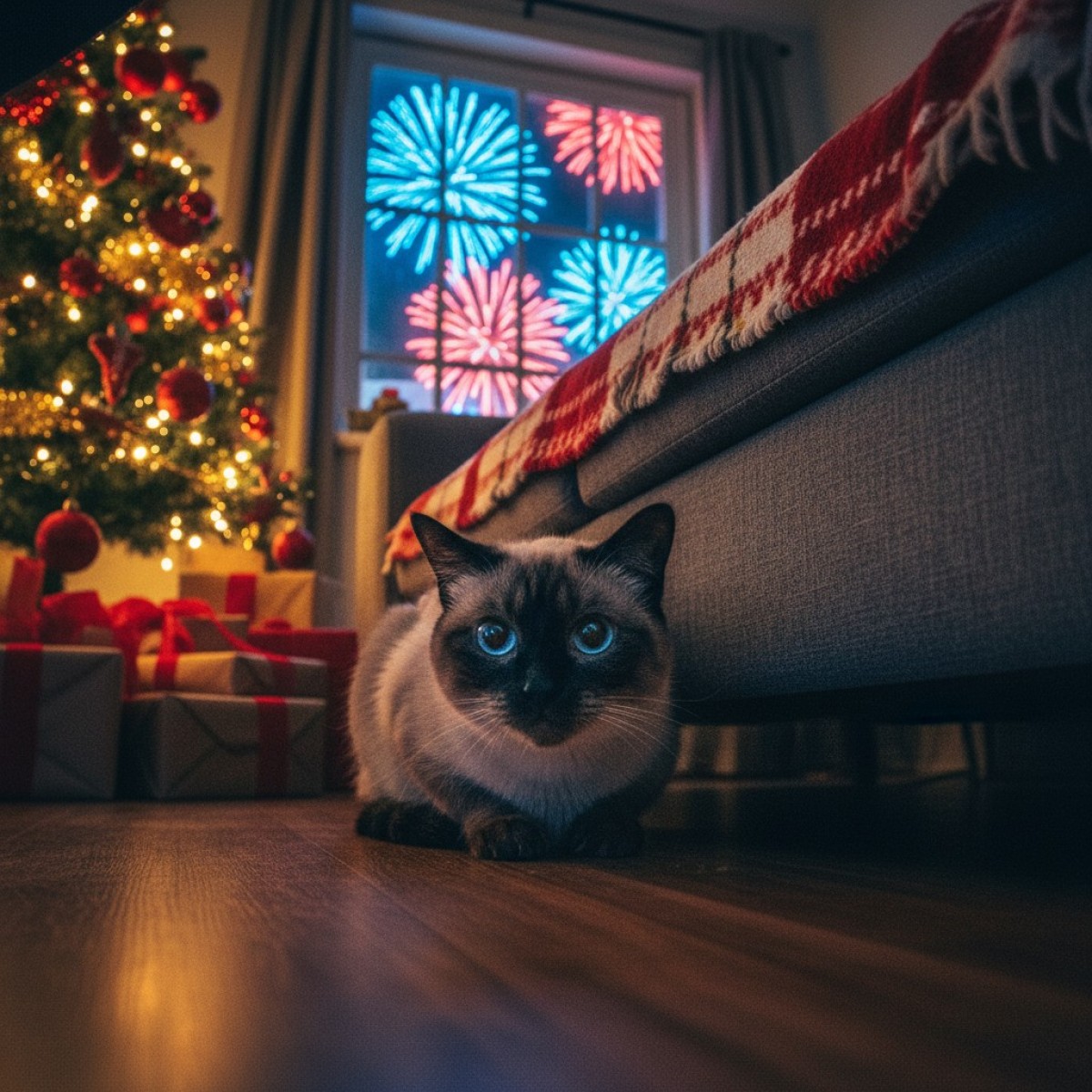 Cão assustado com fogos de artifício