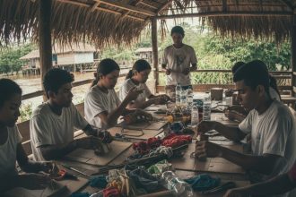 Participantes colaborando em dinâmica de Design Thinking Social