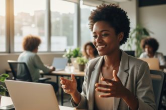 Profissional colaborando em equipe, demonstrando habilidades interpessoais.