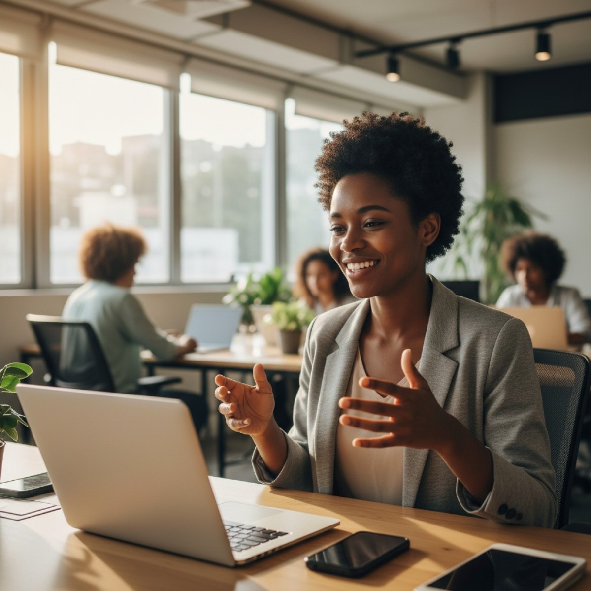 Profissional colaborando em equipe, demonstrando habilidades interpessoais.