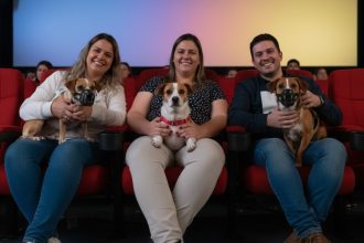 Cachorro assistindo filme em cinema.