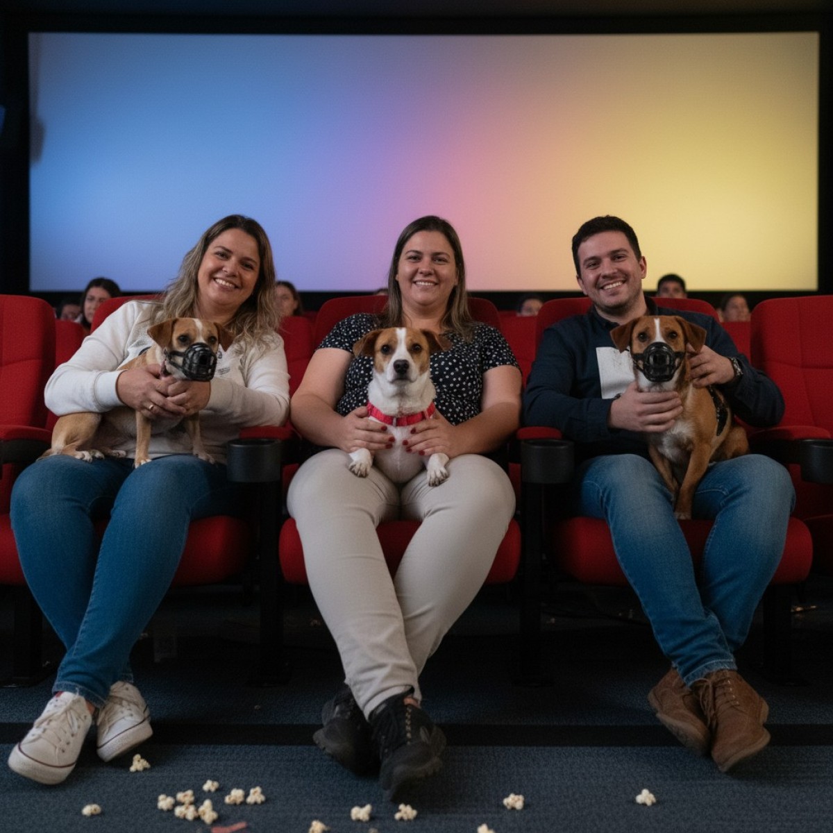 Cachorro assistindo filme em cinema.