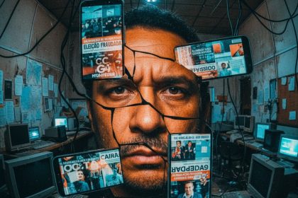 Montagem com rostos distorcidos e urnas eletronicas, representando deepfakes e eleições