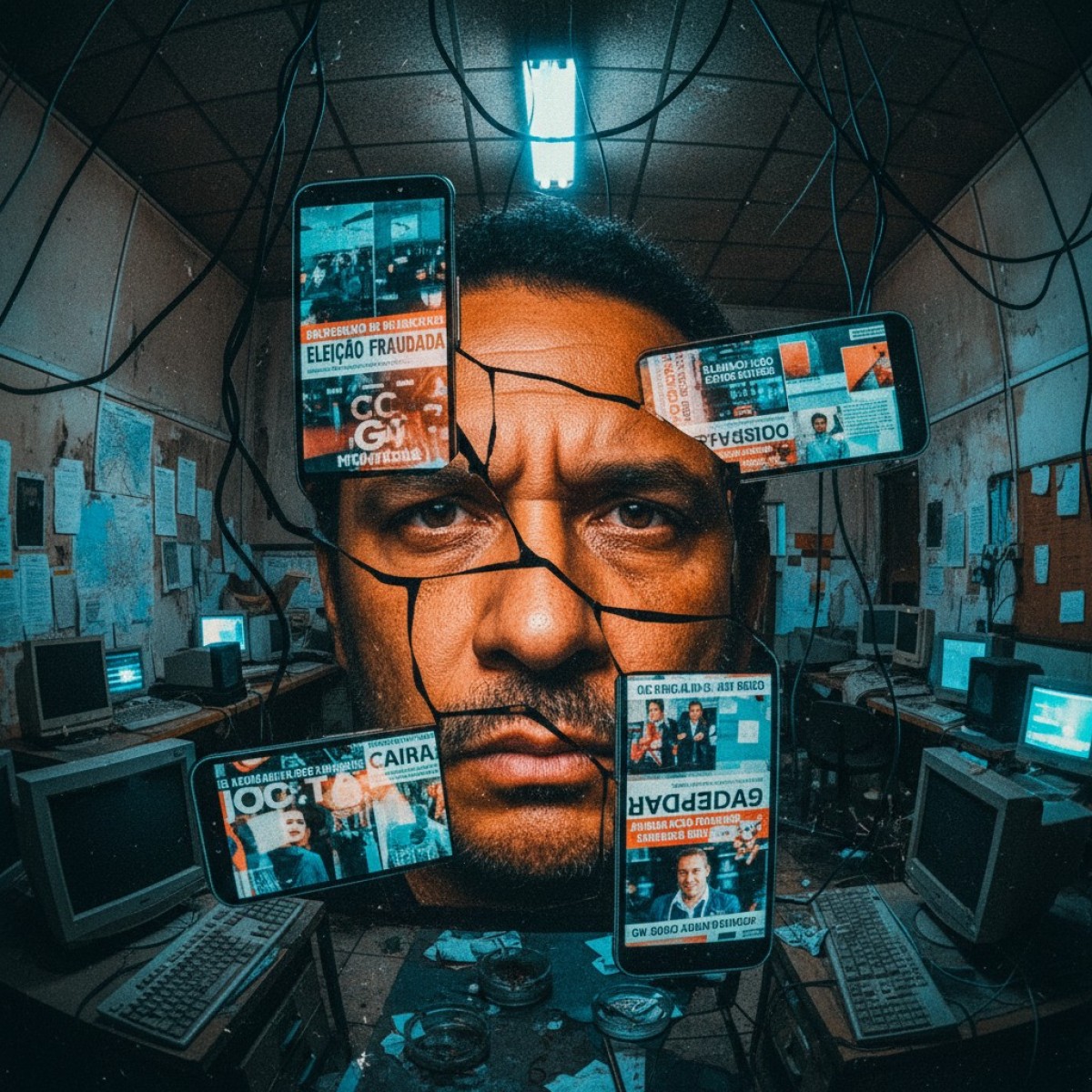 Montagem com rostos distorcidos e urnas eletronicas, representando deepfakes e eleições