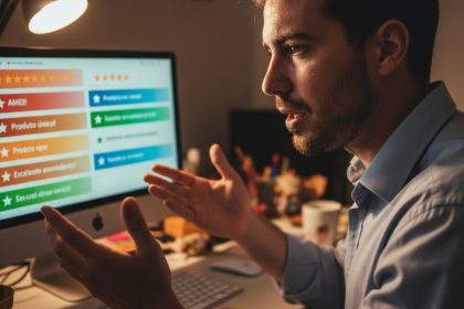 Consumidor avaliando reputação online de empresa em 2025.